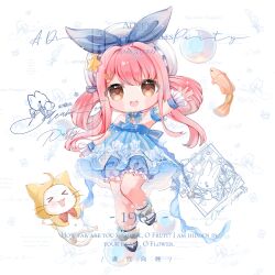  >_< 1girl ahoge animal aqua_bow artist_request back_bow bare_shoulders beads beret bloomers blue_bloomers blue_bow blue_bowtie blue_brooch blue_choker blue_dress blue_shoes blue_sleeves blue_wrist_cuffs blunt_bangs blush_stickers bow bow_choker bowtie brooch brown_eyes bubble bubble_print bubbly_voyage_(infinity_nikki) buttons cat chibi chinese_commentary choker cloak clothed_animal collared_dress commentary_request commission detached_sleeves dress ear_covers eyelashes fish footwear_bow frilled_bloomers frilled_choker frilled_dress frilled_sleeves frilled_socks frilled_wrist_cuffs frills hair_ornament hair_rings hairclip happy hat hat_bow hat_ornament highres hood hood_up hooded_cloak infinity_nikki jewelry leg_up mary_janes momo_(nikki) navel nikki_(nikki) nikki_(series) open_mouth outstretched_arm pink_hair pleated_dress print_dress rabbit_hair_ornament red_bow red_bowtie sample_watermark second-party_source shoes short_dress short_hair_with_long_locks short_sleeves simple_background smile socks star_(symbol) star_hat_ornament strapless strapless_dress striped_clothes striped_dress tareme teeth too_many_watermarks traditional_bowtie upper_teeth_only vertical-striped_clothes vertical-striped_dress watermark waving whiskers white_background white_cat white_hat white_socks wrist_cuffs yellow_cloak 