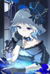  1girl alternate_costume black_gloves blue_dress blue_eyes blue_gemstone blue_hair blue_hat collarbone cowlick dress drop-shaped_pupils frills furina_(genshin_impact) gem genshin_impact gloves guzangnanfeng hair_between_eyes hat heterochromia highres mismatched_pupils multicolored_hair solo streaked_hair symbol-shaped_pupils top_hat white_hair 