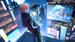  1boy ad ahoge black_gloves black_shirt blue_eyes building city cityscape closed_mouth collared_jacket commentary_request crossed_bangs full_moon genshin_impact gloves grey_jacket grey_pants hair_between_eyes hands_in_pockets highres hinatsu hoyofair jacket light_particles long_sleeves looking_at_viewer looking_back male_focus moon night night_sky on_rooftop open_clothes open_jacket orange_hair outdoors pants red_ribbon ribbon rooftop shirt short_hair sky skyscraper solo standing tartaglia_(genshin_impact) thigh_strap turtleneck 