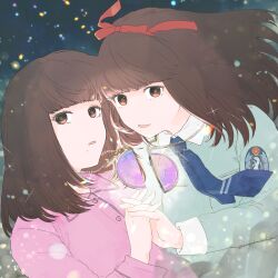  2girls blue_necktie brown_eyes brown_hair commentary dual_persona hair_ribbon highres holding_hands looking_at_viewer medium_hair mole mole_under_mouth multiple_girls necktie nyabusaka open_mouth pajamas persona persona_1 pink_pajamas red_ribbon ribbon school_uniform smile sonomura_maki st._hermelin_school_uniform 