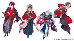  4boys :d ahoge alternate_costume animal_print bird_print black_boots black_cape black_gloves black_hair black_jacket black_kimono black_nails black_pants blonde_hair blue_hair blue_hakama boots brown_hair cape capelet closed_mouth coat copyright_notice crane_print crimzon_ruze crossed_ankles crossed_arms curtained_hair dark-skinned_male dark_skin earrings elbow_on_arm eyebrow_cut feather_hair_ornament feathers full_body fur-trimmed_cape fur_trim gloves goldbullet green_hakama grey_hair grey_hakama grin hair_between_eyes hair_ornament hair_stick hakama hakama_pants half-closed_eyes hand_on_own_chin hand_on_own_hip hand_up hands_on_own_hips holoarmis holostars holostars_english jacket jacket_on_shoulders japanese_clothes jewelry jurard_t_rexford kimono lace-up_boots lapels lineup long_hair long_sleeves looking_at_viewer looking_to_the_side looking_up male_focus multicolored_hair multiple_boys octavio official_art pants partially_fingerless_gloves pink_eyes pleated_sleeves pointy_ears ponytail print_cape puppet puppet_strings purple_hair red_capelet red_coat red_eyes red_hair red_hakama red_kimono red_sleeves sayagata sharp_teeth short_hair side_part sideways_glance simple_background smile standing standing_on_one_leg streaked_hair string_around_finger sukajan sweater_guard teeth tri_braids two-tone_hair two-tone_hakama uneven_eyes v-shaped_eyebrows violet_eyes virtual_youtuber white_background white_pants wide_sleeves yellow_eyes yukikana 