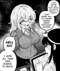  2girls @_@ absurdres arms_behind_back artist_name bags_under_eyes bike_shorts breasts cash_register employee_uniform english_commentary english_text fang fast_food_uniform greyscale highres indoors large_breasts mimi_(nhim) monochrome multiple_girls nhim open_mouth original shaded_face sweater 