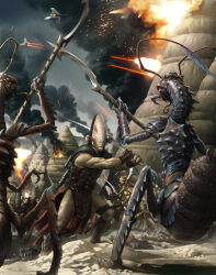  alderaan alien ant_boy antennae battle darren_tan gauntlets highres holding holding_polearm holding_sword holding_weapon polearm rakatan smoke spacecraft star_wars star_wars:_the_old_republic starfighter sword village weapon 