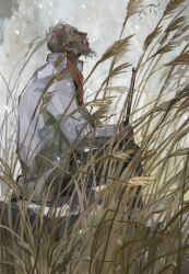  1boy beard disco_elysium facial_hair grass gun highres holding holding_gun holding_weapon jacket looking_up male_focus mimulishizi mustache old old_man outdoors profile sitting solo tall_grass the_deserter_(disco_elysium) weapon white_hair white_jacket 