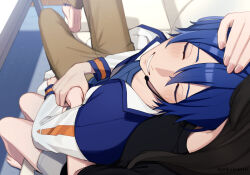 1boy 1girl barefoot black_hair black_shirt blue_hair blue_nails blue_trim blush breasts coat collared_coat commentary_request couch double-parted_bangs fingernails grey_shorts hand_on_another's_hand hand_on_another's_head headset kaito kaito_(vocaloid) long_hair long_sleeves male_focus master_(vocaloid) nail_polish nokuhashi on_couch shirt short_hair shorts sitting sleeve_cuffs smile solo_focus teeth vocaloid white_coat
