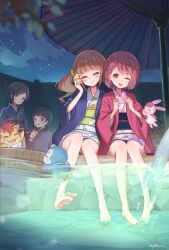  1boy 3girls animal arched_bangs barefoot bird black_hair black_sash blue_eyes blue_haori blue_kimono blue_sash blurry blurry_foreground braid brother_and_sister brown_hair bucket cat cellphone closed_eyes closed_mouth commentary_request cup dog feet flower food green_sash hair_flower hair_ornament hair_over_shoulder hair_scrunchie hanadera_nodoka hand_up hands_up haori happy healin&#039;_good_precure highres hiramitsu_hinata holding holding_animal holding_food holding_tray in_bucket in_container japanese_clothes kimono latte_(precure) leaf leaf_print long_hair looking_at_another looking_back mochi multiple_girls night night_sky nyatoran_(precure) obi oil-paper_umbrella one_eye_closed onsen open_mouth outdoors partially_underwater_shot pegitan_(precure) penguin phone pom_pom_(clothes) ponytail precure print_kimono rabbit rabirin_(precure) red_flower red_hair red_haori sash sawaizumi_chiyu sawaizumi_touji scrunchie shorin_(sy0r1nacco) short_hair short_kimono siblings side_ponytail sky smartphone smile soaking_feet swimming teeth toes tray twitter_username umbrella upper_teeth_only water white_kimono wooden_bucket wooden_tray yellow_scrunchie 