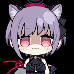  1girl :3 animal_ears animated animated_gif arknights ascot bang_dream! bang_dream!_it&#039;s_mygo!!!!! black_ascot black_dress black_hat cat_ears cat_girl chibi chibi_only chunye_haruya closed_mouth dot_nose dress empty_eyes hat holding holding_knife knife looking_at_viewer looping_animation lowres purple_hair shaded_face short_hair simple_background smile solo transparent_background upper_body violet_eyes yuutenji_nyamu yuutenji_nyamu_(magician_of_passion) 
