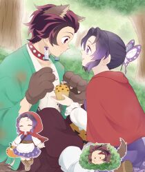 1boy 1girl animal_costume animal_ears basket big_bad_wolf big_bad_wolf_(cosplay) blue_butterfly bug butterfly capelet cloak cosplay earrings hanafuda_earrings highres holding holding_basket hood hood_up hooded_capelet hooded_cloak jewelry kamado_tanjirou kimetsu_no_yaiba kishimen_hair kochou_shinobu little_red_riding_hood_(fairy_tale) little_red_riding_hood_(fairy_tale_character) little_red_riding_hood_(fairy_tale_character)_(cosplay) original picnic_basket red_capelet red_cloak red_hood scar scar_on_face scar_on_forehead updo user_fhwv8447 wolf wolf_boy wolf_costume wolf_ears