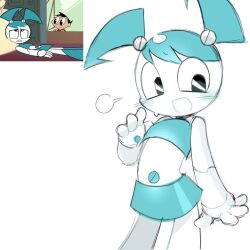  1girl aqua_hair aqua_skirt black_eyes blue_hair blue_skirt blush canihavepromo female jenny_wakeman looking_to_the_side my_life_as_a_teenage_robot navel open_mouth robot robot_girl screenshot screenshot_inset simple_background skirt solo sweatdrop teenage twintails white_background white_skin 