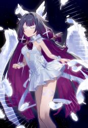  1girl bare_shoulders black_background black_hair bow closed_eyes columbina_(genshin_impact) dress eye_mask feathered_wings feathers genshin_impact head_wings highres long_hair multicolored_hair pink_hair short_dress sidelocks sleeveless sleeveless_dress solo suwa_(swk_kkk) thighs white_bow white_dress white_feathers white_wings wings 