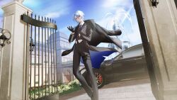  1boy black_coat black_gloves black_jacket black_pants blue_hair blue_necktie breast_pocket bush buttons car closed_mouth coat coat_on_shoulders coattails collared_shirt commentary_request double-breasted fountain gate genshin_impact gloves hair_between_eyes highres hoyofair jacket kamisato_ayato kawausoman lantern lapels long_sleeves looking_at_viewer male_focus mansion medium_hair mole mole_under_mouth motor_vehicle necktie official_art pants parted_bangs pinstripe_jacket pinstripe_pants pinstripe_pattern pocket shirt smile solo standing stone_floor thigh_strap violet_eyes white_shirt wing_collar 