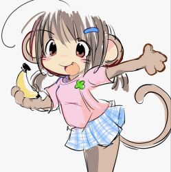 1girl ahoge animal_ears banana beads blue_skirt blush blush_stickers brown_eyes brown_hair canihavepromo checkered checkered_skirt clover fang hair_beads hairclip holding holding_food holding_fruit monkey_ears monkey_girl monkey_tail pink_shirt pink_sleeves shirt short_sleeves simple_background skirt solo t-shirt tail white_background