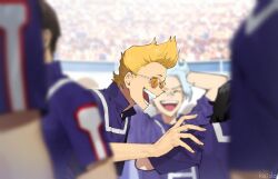  4boys aizawa_shota artist_name audience bandaid bandaid_on_face bandaid_on_nose blonde_hair blue_hair blurry blurry_foreground boku_no_hero_academia character_request commentary eyes_visible_through_eyewear kaido_(kaido_ggg) looking_at_another male_focus multiple_boys orange-tinted_eyewear present_mic short_hair smile teeth tinted_eyewear u.a._gym_uniform 
