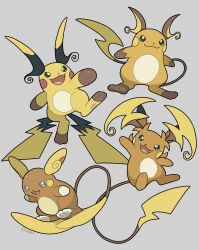  alolan_raichu animal_focus blue_eyes closed_mouth fang fangs full_body grey_background highres mega_pokemon mega_raichu_x mega_raichu_y multiple_tails no_humans open_mouth orange_fur ouran pokemon pokemon_(creature) pokemon_focus pokemon_legends:_z-a raichu regional_and_normal simple_background smile tail very_long_ears very_long_tail yellow_fur 