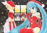  blue_hair christmas hatsune_miku kagamine_rin kaito meiko santa_costume santa_hat snow thigh-highs vocaloid winter 
