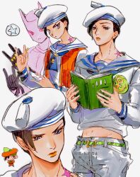  1boy 1other 756zl \m/ anchor_ornament animal_ears belt birthmark black_gloves black_hair blue_eyes bobbles book cat_ears chibi chibi_inset colored_sclera colored_skin commentary_request gloves green_belt grey_pants grey_shirt hat highres holding holding_book joestar_birthmark jojo_no_kimyou_na_bouken jojolion killer_queen kira_yoshikage_(jojolion) navel orange_hat orange_pants orange_shirt orange_vest pants pink_sclera pink_skin reading sailor sailor_collar sailor_hat shirt simple_background stand_(jojo) vest white_background white_hat white_sailor_collar 