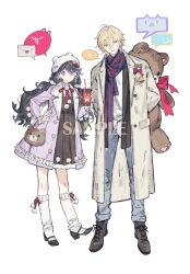  1boy 1girl :&lt; :d alkaid_mcgrath animal_bag arms_behind_back bag bear_bag bear_hair_ornament bear_hat beret black_boots black_jacket black_shoes blonde_hair blue_pants blue_scarf boots bow brown_dress buttons candy_hair_ornament coat colored_speech_bubble commission cup disposable_cup dress drinking_straw emoticon flipped_bangs food-themed_brooch food-themed_hair_ornament food-themed_ornament frilled_coat frilled_shirt_collar frilled_sleeves frills fur_hat gougougougou green_eyes grey_eyes hair_between_eyes hair_ornament hand_on_own_hip hand_up hat heart heart_in_eye high_heels highres holding holding_cup holding_stuffed_toy jacket lace-up_boots lapel_pin lapels large_teddy_bear long_hair long_sleeves looking_at_viewer loose_socks love_letter lovebrush_chronicles low_twintails medium_dress medium_hair multicolored_hair neck_ribbon notched_lapels oc_x_canon open_clothes open_coat original pants pinafore_dress pom_pom_(clothes) pumps purple_coat purple_hair red_bow red_ribbon red_scarf ribbon sample_watermark scarf shirt shoes shoulder_bag side-by-side simple_background sleeveless sleeveless_dress smile socks speech_bubble spoken_animal spoken_emoji standing streaked_hair striped_clothes striped_scarf stuffed_animal stuffed_toy symbol_in_eye teddy_bear twintails untucked_shirt vertical-striped_clothes vertical-striped_scarf watermark white_background white_hat white_shirt white_socks yellow_coat 