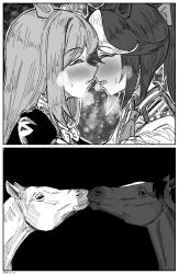 animal_ears artist_name blush bow closed_eyes english_commentary expectation_vs._reality greyscale hair_bow highres horse horse_girl imminent_kiss kiss mejiro_mcqueen_(umamusume) monochrome multicolored_hair nhim steam sweat tokai_teio_(umamusume) two-tone_hair umamusume what yaoi yuri