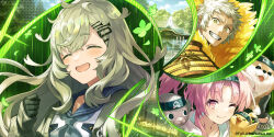  1boy 2girls :d ^_^ baby_animal bird black_gloves chick closed_eyes closed_mouth commentary_request company_name food_print forehead_protector fruit_print gloves green_eyes green_hair hair_ornament hairpin hideyoshi_(shinobi_nightmare) highres hood hood_down long_hair looking_at_viewer momotarou_(sakura_ignoramus) monkey multiple_girls nazuna_(sakura_ignoramus) official_art one_eye_closed open_mouth peach_print pink_eyes pink_hair sakura_ignoramus second-party_source shiba_inu smile v-shaped_eyebrows white_hood 