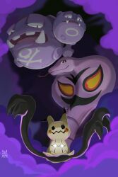  arbok artist_name colored_skin colored_smoke fangs highres mimikyu no_humans pokemon pokemon_(creature) purple_skin smoke snake tongue tongue_out weezing yo_xeph 