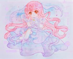  1girl absurdres ankle_bow artist_request asymmetrical_dress bare_legs bare_shoulders bow bowtie bubble chibi chinese_commentary commentary_request commission dress floating floating_clothes floating_hair frilled_gloves frills gloves gown grey_background guides_of_star_(shining_nikki) hair_ornament highres long_dress long_hair nikki_(nikki) nikki_(series) object_floating_above_hand pink_hair pleated_dress purple_bow purple_bowtie purple_dress purple_gloves purple_shoes purple_veil sample_watermark second-party_source shining_nikki shoes sleeveless sleeveless_dress solo sparkle star_(symbol) star_hair_ornament too_many_watermarks traditional_media veil very_long_hair watermark wavy_hair wrist_bow 