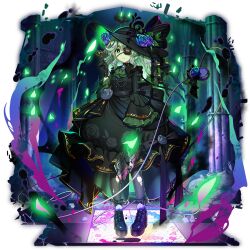  1girl alternate_costume ascot black_boots black_dress black_flower black_gloves black_hat black_rose blue_brooch blue_flower blue_rose boots breasts closed_mouth dress dress_flower eyeball eyepatch floral_print flower frilled_sleeves frills frown full_body game_cg gloves gold_trim goth_fashion green_ascot green_eyes green_hair grey_pantyhose hat hat_flower high_heel_boots high_heels highres holding komeiji_koishi lace-up_boots long_hair long_sleeves looking_at_viewer official_art pantyhose print_dress rose rose_print rotte_(1109) solo third-party_source third_eye torn_clothes torn_pantyhose touhou touhou_lostword transparent_background wide_sleeves 