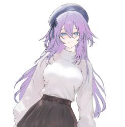  1girl absurdres beret blue_eyes breasts hair_between_eyes hat highres long_hair looking_at_viewer medium_breasts neptune_(series) open_mouth purple_hair purple_heart_(neptunia) shirt shirt_tucked_in simple_background skirt smile solo white_background white_shirt yoshi_mcswagger 
