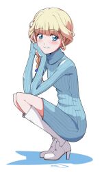  1girl blonde_hair blue_dress blue_eyes blue_nails blue_ribbon blush boots braid braided_ponytail casual commentary dress elbows_on_knees full_body hair_over_shoulder hair_ribbon hand_in_own_hair hand_on_own_face high_heels highres kayabakoro knee_boots long_hair long_sleeves looking_at_viewer medium_dress nekoyashiki_yuki precure ribbed_dress ribbon shadow simple_background single_braid sleeves_past_wrists smile solo squatting sweater sweater_dress turtleneck turtleneck_dress white_background white_boots wonderful_precure! 