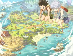  2boys animal aurora backpack bag beach black_hair black_shorts cactus camel campfire camping clouds day desert fallstreak_hole forest giraffe gon_freecss goodkids_1 green_shorts highres hunter_x_hunter killua_zoldyck kneeling lying male_focus mini_person miniboy multiple_boys multiple_persona nature oasis ocean on_back on_grass open_mouth pterosaur river sand ship shirt short_hair shorts sleeveless tent topless_male tree twitter_username watercraft white_hair white_shirt 