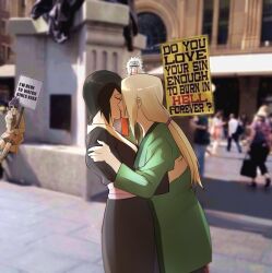  1boy 3girls absurdres black_hair blonde_hair braid brown_coat coat commentary dango english_commentary english_text facial_mark fishnets food frown headband highres holding holding_food holding_sign homophobia jiraiya_(naruto) kiss low_twin_braids may_c mitarashi_anko multiple_girls naruto_(series) photo_background shizune_(naruto) sign sitting sunglasses tsunade_(naruto) twin_braids wagashi yuri 