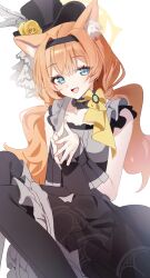  1girl :d animal_ear_fluff animal_ears black_dress black_hairband black_hat black_pantyhose blue_archive blue_eyes cat_ears cat_girl choker cowboy_shot double-parted_bangs dress earrings emduck empire_waist feathers flower fluffy_hair frilled_choker frills front-seamed_legwear hair_intakes hairband halo halo_behind_head hashtag-only_commentary hat hat_feather hat_flower highres idol_clothes invisible_chair jewelry light_blush long_hair looking_at_viewer low_twintails mari_(blue_archive) mari_(idol)_(blue_archive) open_mouth orange_hair own_hands_together pantyhose rose seamed_legwear simple_background sitting sleeveless sleeveless_dress smile solo steepled_fingers top_hat twintails very_long_hair white_background white_feathers yellow_choker yellow_flower yellow_halo yellow_rose 
