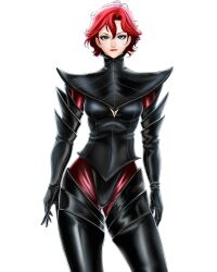  1girl absurdres alternate_costume belt boots breasts commentary elbow_gloves gloves hair_between_eyes highres jacket large_breasts leather leather_gloves leather_jacket leather_pants leather_suit lipstick looking_at_viewer makeup nagaomono pants parted_lips red_hair self-upload simple_background solo the_king_of_fighters thigh-highs thigh_boots tight_clothes tight_pants vanessa_(kof) white_background 