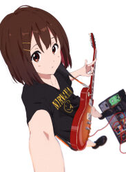  1girl band_shirt black_shirt black_shoes black_t-shirt blurry blurry_background brown_eyes brown_hair cable chromatic_aberration effects_pedal electric_guitar film_grain from_above gibson_les_paul guitar hair_ornament hairclip highres hirasawa_yui instrument k-on! looking_at_viewer merchandise nirvana_(band) open_mouth pedal_board sakurayama_(59_sakurayama) selfie shirt shoes short_hair shorts simple_background solo standing teeth v 