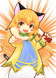  1girl animal_ears blush_stickers cat_ears cat_girl cat_tail dress emil_chronicle_online ghost_girl ghost_tail hand_fan harisen holding holding_fan nekomata_yamabuki open_mouth orange_hair pointing pointing_at_viewer sisatail solo tail yellow_dress yellow_eyes 