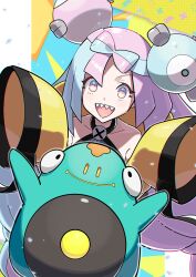  1girl :d absurdres bellibolt blue_hair bow-shaped_hair futoumeido highres iono_(pokemon) jacket long_hair long_sleeves looking_at_viewer multicolored_hair open_mouth pink_hair pokemon pokemon_(creature) pokemon_sv sharp_teeth sleeves_past_fingers sleeves_past_wrists smile teeth twintails two-tone_hair upper_body upper_teeth_only very_long_hair yellow_jacket 