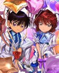  1boy 1girl absurdres aqua_eyes balloon black_hair blue_bow blue_bowtie blue_eyes blue_necktie blue_shirt bow bowtie brown_hair closed_mouth collared_shirt dress edogawa_conan glasses haibara_ai heart_balloon highres jacket lapels looking_at_viewer meitantei_conan necktie notched_lapels pants purple_bow purple_bowtie red_bow red_bowtie segami shirt short_hair star_balloon suit unworn_bowtie white_dress white_jacket white_pants white_suit 