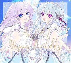  2girls blue_eyes blue_hair bug butterfly happy_birthday izumi_tsubasu long_hair looking_at_viewer multiple_girls open_mouth purple_hair reaching school_uniform serafuku siblings sisters smile sorakado_ai sorakado_ao summer_pockets violet_eyes 