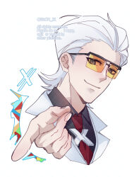  1boy black_shirt brown_eyes coat collared_shirt hair_slicked_back highres looking_at_viewer male_focus mullet naoh_21 necktie portrait red_necktie shirt snapping_fingers solo tinted_eyewear to_be_hero to_be_hero_x white_coat white_hair x_(symbol) x_(to_be_hero_x) yellow-tinted_eyewear 