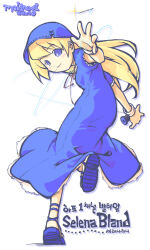  1girl archived_source bad_link blonde_hair blue_dress blue_eyes blue_hat blue_sandals breasts cloche_hat closed_mouth copyright_name cross-laced_headwear cross-laced_sandals dress drop_shadow english_text from_behind full_body hat korean_text lace-trimmed_sleeves lace_trim legs_apart len_(a-7) long_dress long_hair looking_at_viewer looking_back mabinogi medium_breasts mouth_hold needle original petticoat player_character_(mabinogi) red_ribbon ribbon running sandals sewing_needle short_sleeves simple_background smile solo sparkle straight_hair string translation_request white_background wristband 