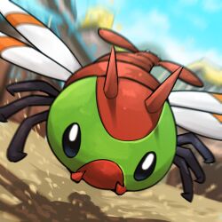  absurdres blue_sky blurry blurry_background day depth_of_field falling_petals highres looking_at_viewer no_humans outdoors petals pokemon pokemon_(creature) sky solo spicyichizo yanma 