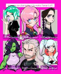  1boy 1other 4girls addams_family aqua_hair aqua_nails beard black_hair blue_eyes braid braided_twintails closed_mouth colored_skin commentary english_commentary epaulettes facial_hair green_skin half_updo highres houseki_no_kuni long_hair looking_at_viewer looking_to_the_side marvel multiple_girls phosphophyllite pink_hair puffy_short_sleeves puffy_sleeves purple_hair rwby she-hulk short_hair short_sleeves shoujo_kakumei_utena side_ponytail sparkle tenjou_utena tweetyq1961 wednesday_(netflix) wednesday_addams weiss_schnee white_hair 
