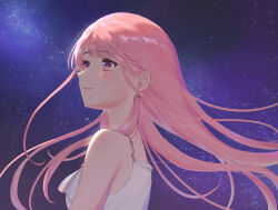  1girl bare_shoulders bright_pupils brown_eyes closed_mouth dress earrings eye_reflection floating_hair frilled_dress frills highres jewelry kohanai_setsuna light_blush lipstick long_hair long_sidelocks makeup night night_sky nikki_(nikki) nikki_(series) outdoors pink_hair pink_lips pink_pupils pointy_nose reflection shining_nikki sidelocks sky sleeveless sleeveless_dress smile solo spaghetti_strap star_(sky) star_(symbol) star_earrings starry_sky upper_body very_long_hair white_dress 