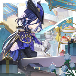 absurdres black_hair bycocket cake cape clorinde_(genshin_impact) corset cuffs cup dark_blue_hair dessert flower genshin_impact gift_box hair_blowing hand_on_table highres holding_cup holding_teacup macaron official_art pantyhose pencil_skirt purple_eyes smile teacup thigh_strap white_gloves white_shirt