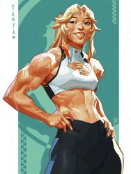  1girl arms_at_sides bike_shorts black_shorts blonde_hair breasts brown_eyes closed_mouth extra_teeth feet_out_of_frame gradient_hair hand_on_own_hip high_collar high_ponytail highres jeremy_anninos medium_breasts multicolored_hair muscular muscular_female navel orange_hair original ponytail scar scar_on_face scar_on_hip scar_on_shoulder scars_all_over shorts sidelocks smile solo sports_bra standing tanya_(jeremy_anninos) teeth too_many white_eyeliner white_sports_bra 