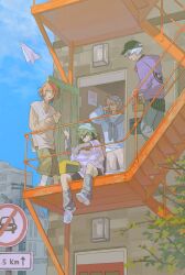  4boys arurandeisu baggy_clothes beanie black_hair blue_sky building full_body green_eyes grey_hair hair_between_eyes hanasaki_miyabi hashtag-only_commentary hat headphones headphones_around_neck highres holostars k_o_r_e kanade_izuru long_sleeves loose_socks male_focus multiple_boys on_stairs open_door pants paper_airplane pink_hair red_hair rikka_(holostars) road_sign scenery shirt short_hair shorts sign sitting sitting_on_stairs sky sleepy smile socks stairs standing tree violet_eyes virtual_youtuber yellow_eyes 
