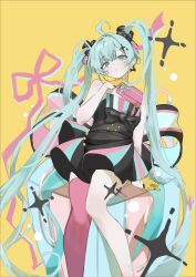  1girl absurdly_long_hair absurdres ahoge aqua_bow aqua_eyes aqua_hair back_bow black_bow black_dress black_nails black_scrunchie bow bow_earrings buttons closed_mouth cross_tattoo dress earrings expressionless eyelashes feet_out_of_frame fernjun gift hair_between_eyes hair_ornament hair_scrunchie hand_on_own_chest hand_tattoo hatsune_miku highres holding holding_gift jewelry large_bow light_blush light_frown long_hair nail_polish oversized_object pink_pupils pink_theme scrunchie short_dress simple_background single_bare_leg single_earring single_thighhigh sitting solo sparkle strapless strapless_dress tattoo thigh-highs twintails very_long_hair vocaloid yellow_background 