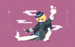  1girl :o black_coat black_dress black_gloves black_hat blonde_hair bowl brown-tinted_eyewear brown_shoes china_dress chinese_clothes chopsticks cinq_association_east_uniform coat coat_on_shoulders don_quixote_(project_moon) dress earrings full_body glasses gloves hat highres holding holding_bowl jade_bracelet jewelry limbus_company looking_at_viewer ofuda_earrings opaque_glasses pants partially_opaque_glasses partially_opaque_sunglasses pink_background project_moon round_eyewear shoes short_hair simple_background single_earring single_glove solo standing sunglasses tilted_headwear tinted_eyewear white_pants yellow_eyes yesheng_zong_ren 