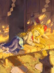  1girl absurdres blonde_hair bow brown_horns chinese_commentary commentary_request drooling hair_bow highres horn_ornament horn_ribbon horns ibuki_suika long_hair looking_at_viewer lying mouth_drool on_side one_eye_closed oni open_mouth purple_skirt red_bow ribbon shadow shirt skirt solo stone_lantern takerdaze touhou white_shirt 