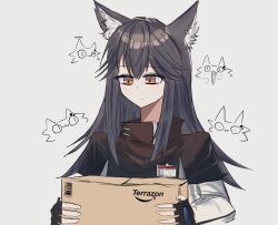  1girl amazon_(company) animal_ear_fluff animal_ear_piercing animal_ears arknights black_capelet black_gloves black_hair box brand_name_imitation capelet cardboard_box closed_mouth fingerless_gloves fingernails gloves grey_background grey_jacket hair_between_eyes highres holding holding_box jacket long_hair long_sleeves mirinkoronba2 orange_eyes simple_background solo texas_(arknights) upper_body wolf_ears wolf_girl 
