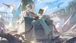  0jae 1boy absurdres alhaitham_(genshin_impact) antenna_hair architecture bird blue_sky book bracelet cape chain chain_bracelet closed_mouth clouds colosseum commentary_request crossed_legs crystal day ear_piercing earrings expressionless genshin_impact gold_bracelet gold_earrings gold_ring gold_trim grass greco-roman_architecture greco-roman_clothes green_eyes green_hair grey_hair highres holding holding_book hoyofair jewelry korean_commentary light_particles male_focus multicolored_hair open_book outdoors pants parted_bangs piercing plant ring shirt shoes short_hair sitting sitting_on_throne sky socks solo sparkle stone_floor swept_bangs thorns throne vines white_cape white_pants white_shirt white_shoes white_socks 